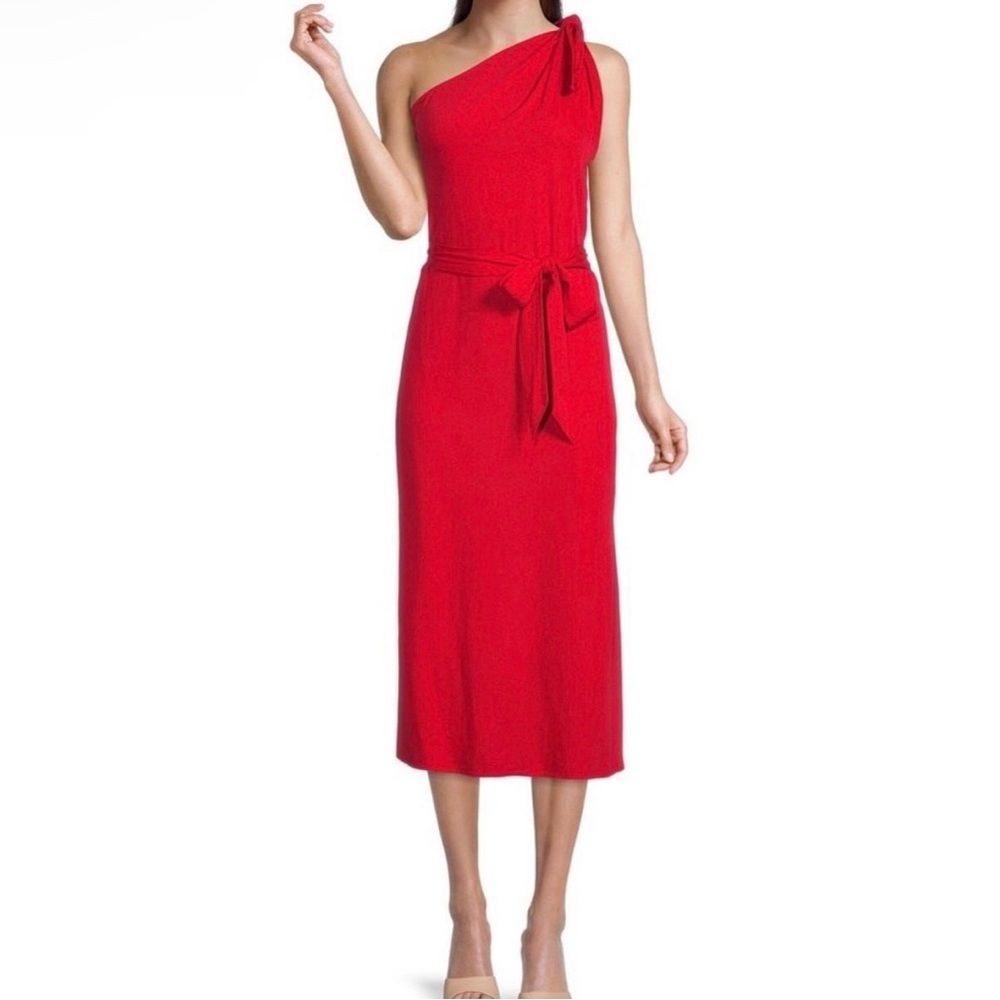 Antonio Melani Red Weylin One Shoulder Bow Waist Tie Women’s Midi Dress